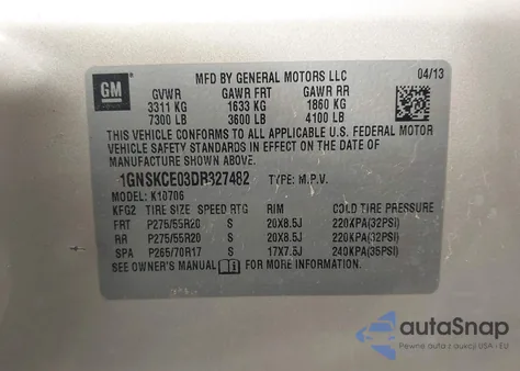 2013 Chevrolet Tahoe Ltz z USA, uszkodzony, nr VIN 1GNSKCE03DR327482